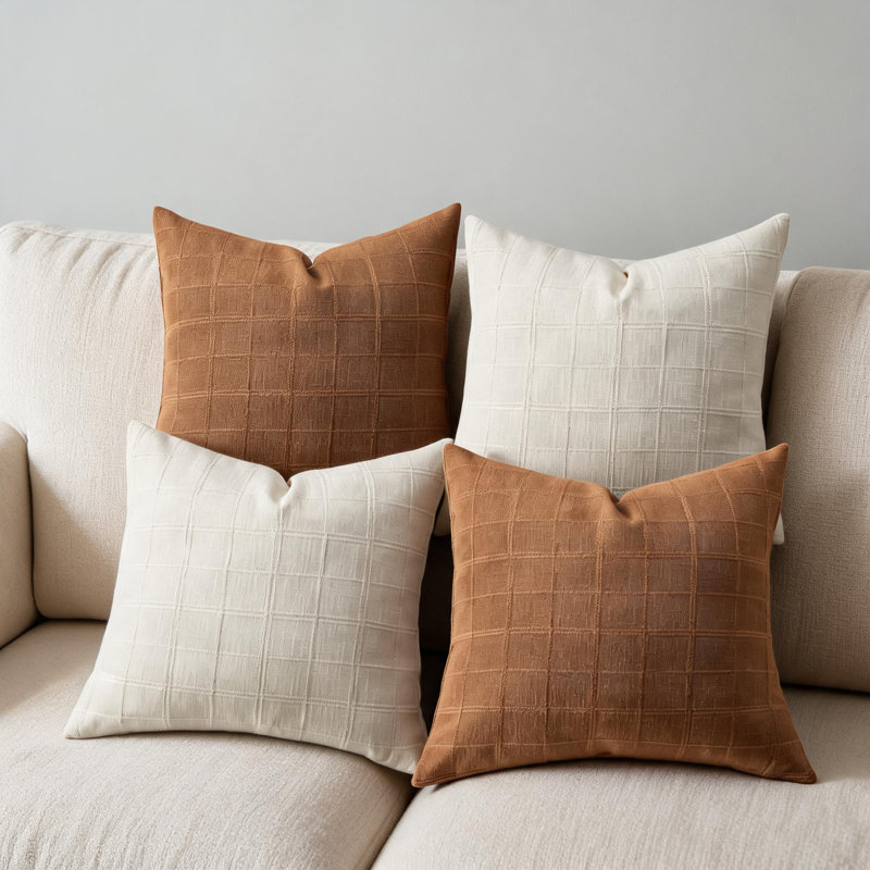 4-Pack 20x20 Inch Chenille Pillow Covers – Soft Plaid & Solid Decorative Cushion Covers with Hidden Zipper, Machine Washable for Modern Farmhouse & Boho Décor – 2 Beige / 2 Orange