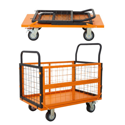 1800 lb Heavy Duty Collapsible Platform Truck with Cage, Carbon Steel Flatbed Dolly for Industrial Material Handling