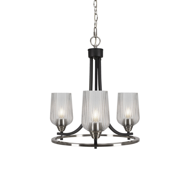 Lustre 3 lumières avec verre texturé transparent Paramount, Noir mat/nickel brossé