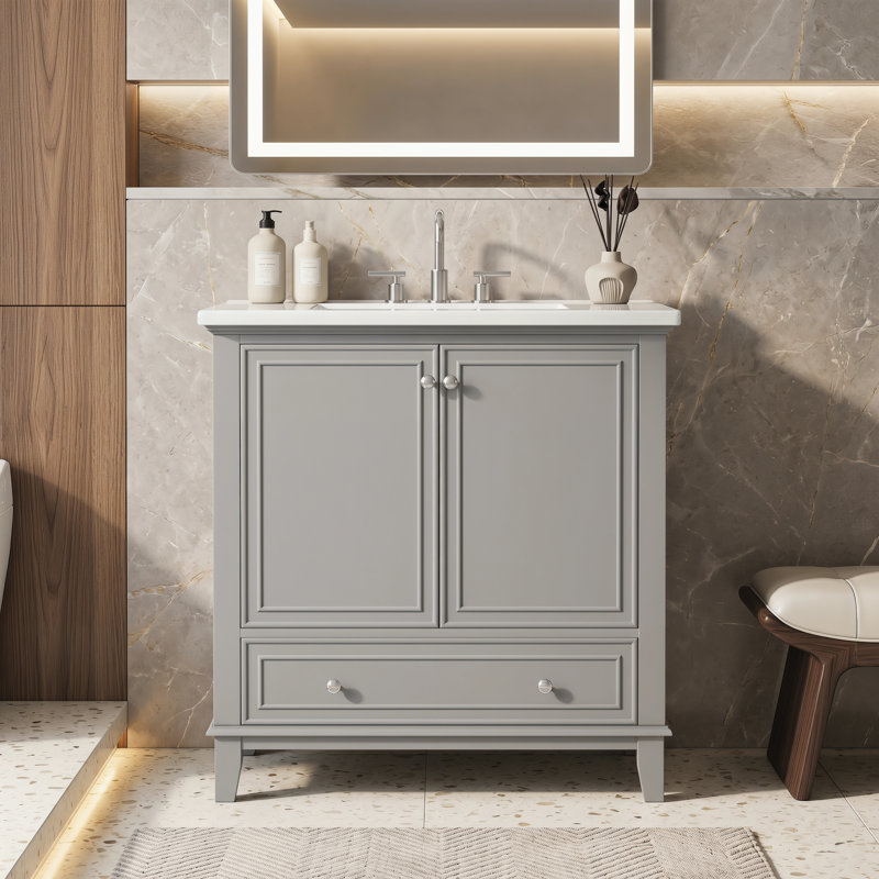 Ensemble de meuble-lavabo 30 po avec lavabo, armoire de rangement multifonctionnelle avec tiroir et portes d'armoire, structure solide et panneau de fibres à densité moyenne
