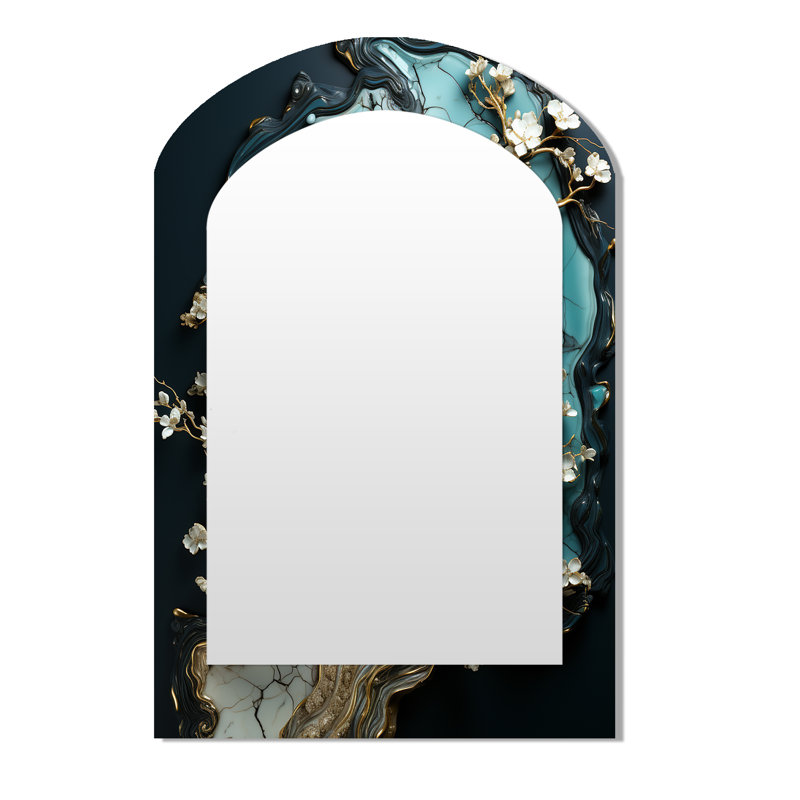 Gold And Emerald Ancient Bonsai II - Gold Arch Decorative Mirror, Traditional Asymmetrical Large Wall Mirror, Printed Metal Art