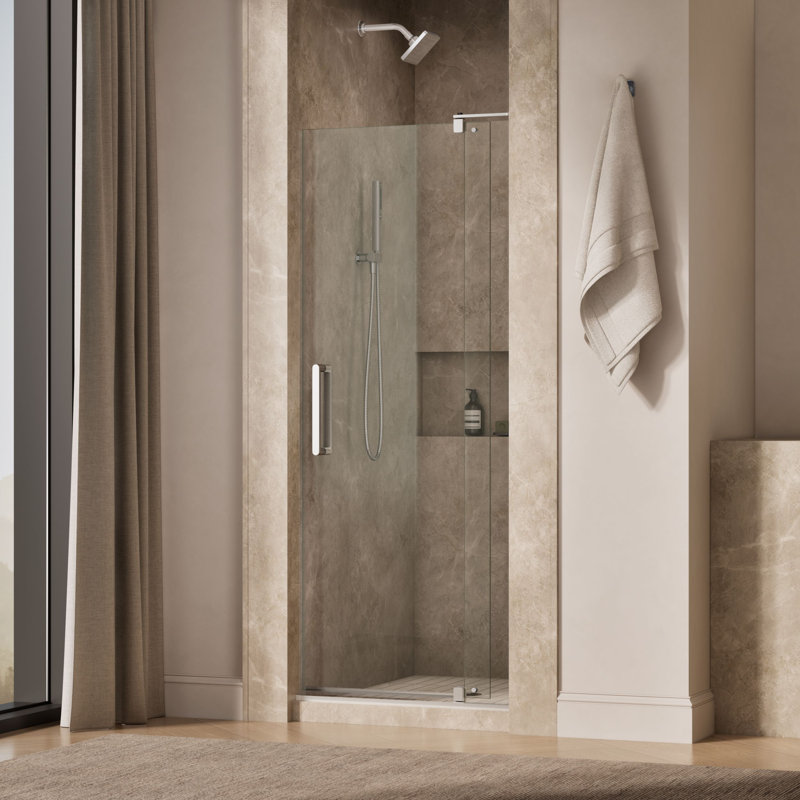 Revel 27.25'' x 74'' Pivot Shower Door with CleanCoat Technology, Bright Polished Silver