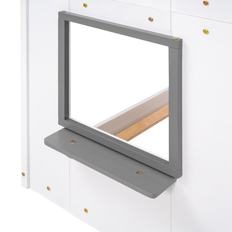 Lit superposé simple au-dessus d'un lit simple en bois avec toit, fenêtre, garde-corps et échelle, Blanc