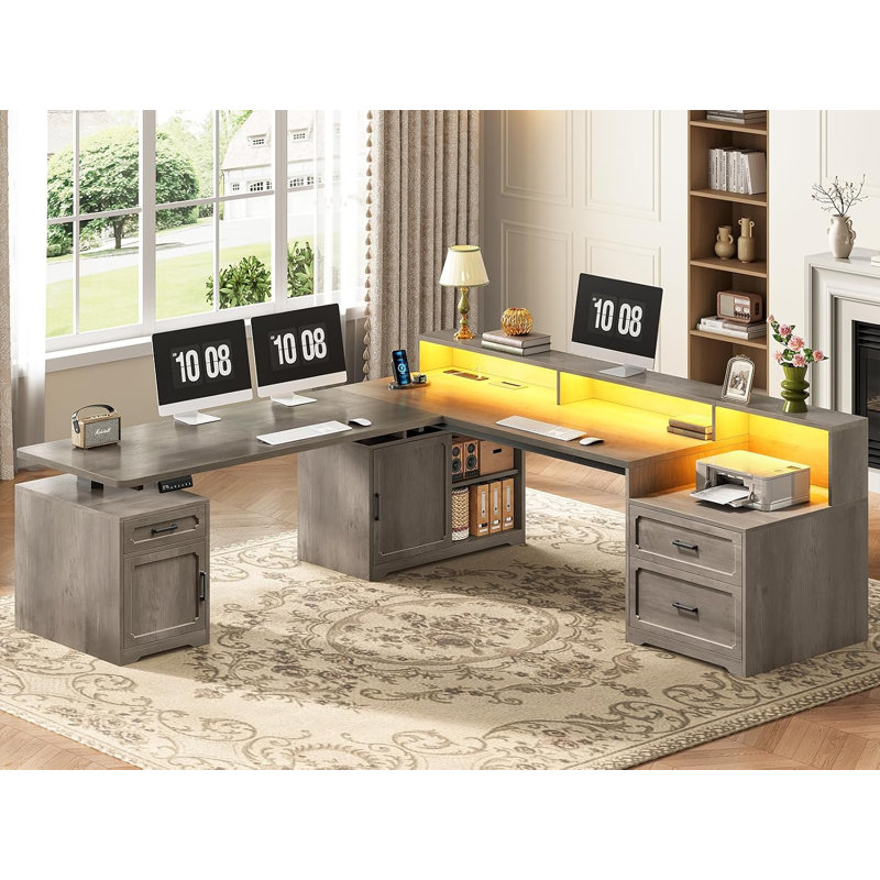 Bureau électrique assis-debout en forme de L de 76,8 pouces, style ferme, avec 2 tiroirs, Brun