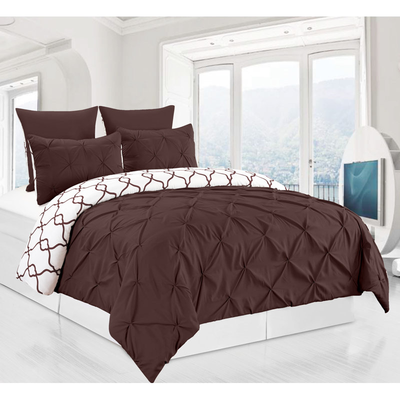 Elegant Reversible 3 Piece Pintuck Duvet Cover Set, Chocolate, King Duvet Cover + 2 Shams