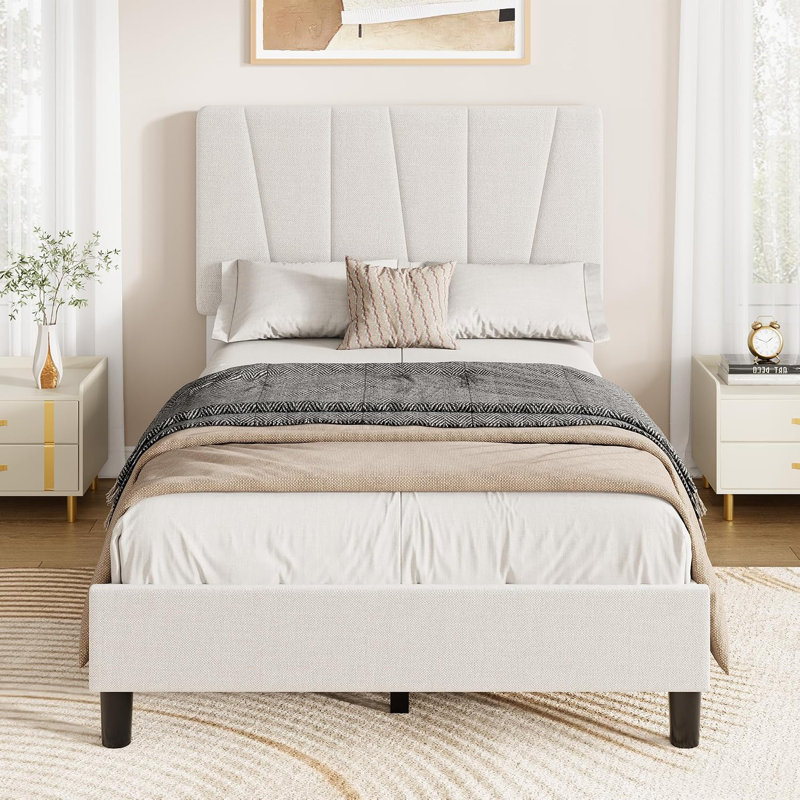 Twin XL Upholstered Platform Bed Frame with Adjustable Headboard, Geometric Wingback