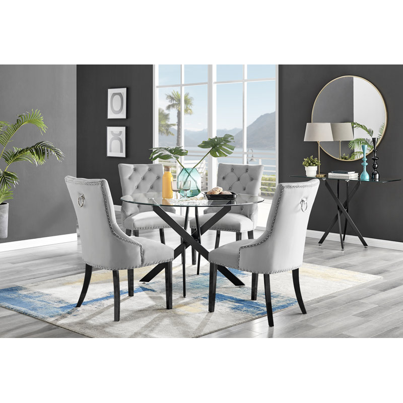 Tierra 4 Seat Round Dining Table Set Black Legs and Glass with 4 Modern Velvet Dining Chairs, Gray/Black