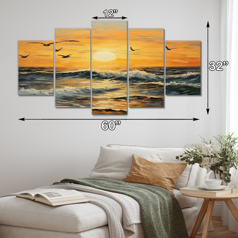 Seagulls at Beach Sunset - Reproduction d'art sur toile - 5 panneaux