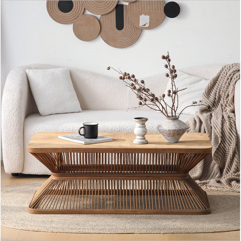 Table basse de style Mid-Century moderne, table d'appoint rectangulaire en bois 43,3 po avec base en bambou tissé - Table basse rustique Boho