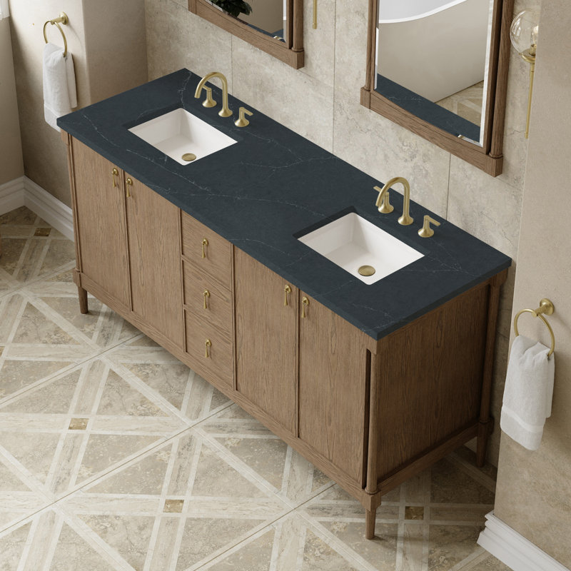 Kinnsden 72" W Double Vanity, Weathered Oak, Charcoal Soapstone Silestone