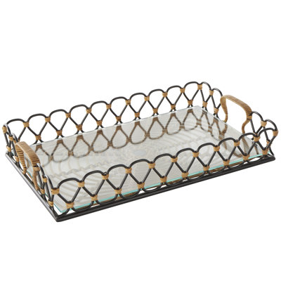 Carli Metal Circular Woven Decor Black Tray with Glass Base