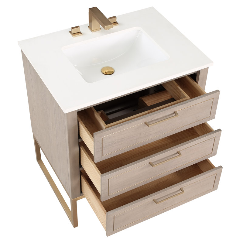 Ensemble de meuble-lavabo simple 30 po Markham, Gris cachemire, Quartz blanc, Laiton satiné