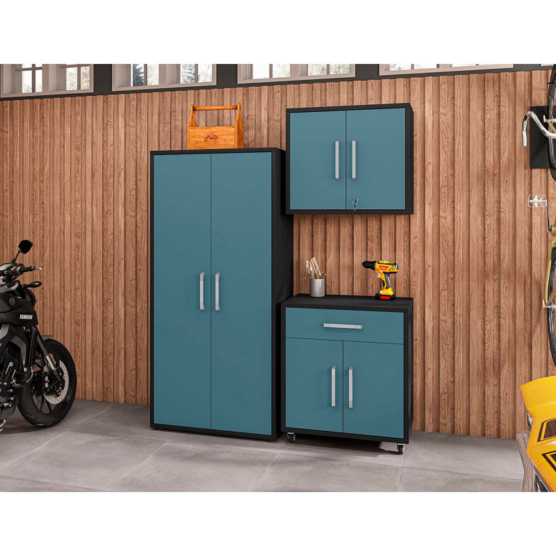 Aseem 3 Piece Storage System, Matte Black/Aqua Blue