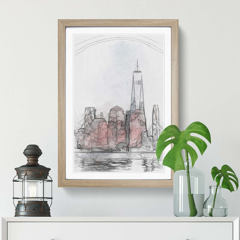 Downtown New York City Skyline in Abstract - Picture Frame Graphic Art Print, 65cm H x 48cm W x 2cm D, Oak Framed