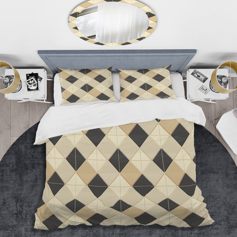 Ensemble de housse de couette moderne beige à motif de triangles gris, Housse de couette très grand et 2 très grandes t