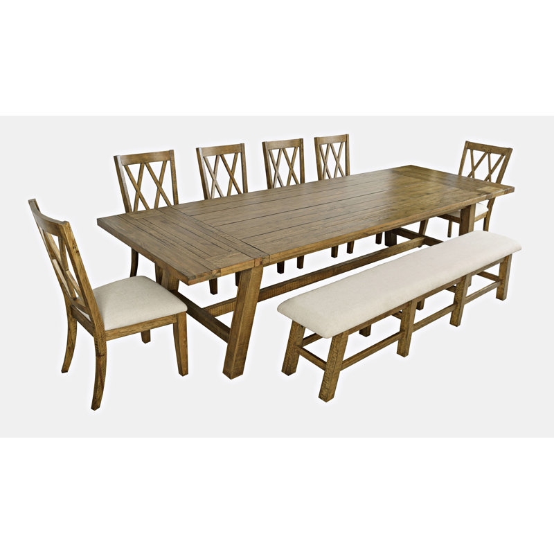 Fahrettin 10 - Person Extendable Pine Solid Wood Solid Wood Top Trestle Dining Set, Gold