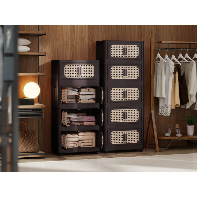 20 Inch Wide Folding Storage Cashion with 5 Tiers, Magnetic Door, and Wheels for Versatile Use and Easy Organization, Brown