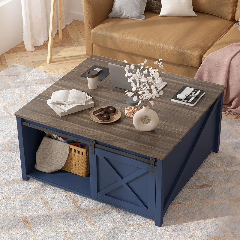 Lift Top Coffee Table with Storage, 31.5" Farmhouse Coffee Table for Living Room, Square Coffee Tables with Large Hidden Storage and Sliding Barn Doors, Blue