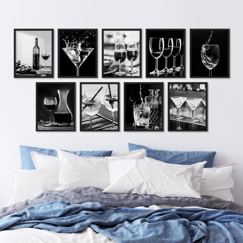 «Black White Wine Martini Cocktail Food Drinks», photographie d'art moderne encadrée sur papier, 9 pièces, Cadre noir