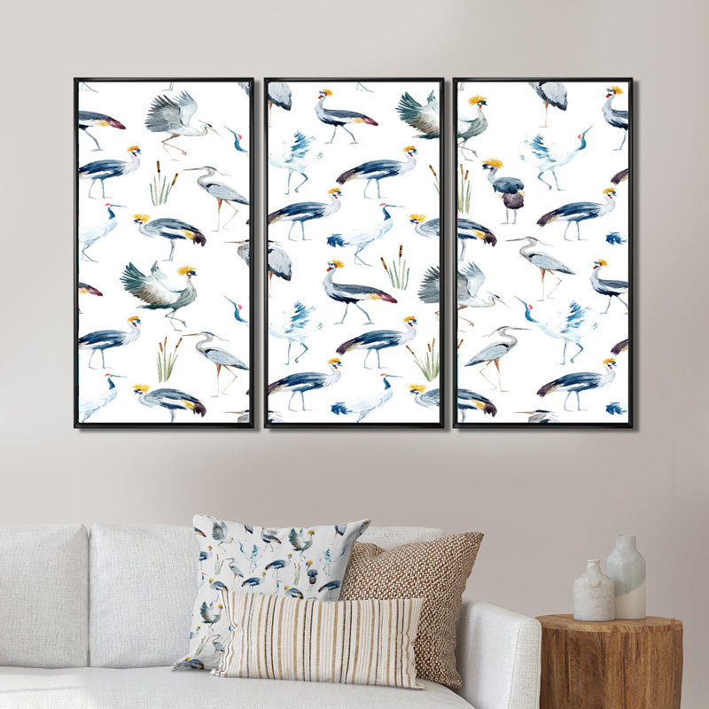 «African Cranes», ensemble de 3 impressions sur toile, Cadre noir, H 28 po x l 36 po x P 1 po