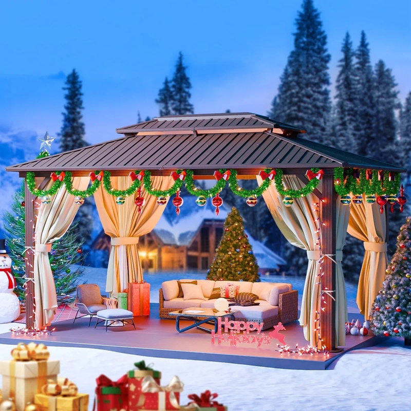 10x12 Hardtop Gazebo Aluminum Metal Gazebos Galvanized Steel Double Roof Permanent Hardtop Gazebo with Netting and Curtains Aluminum Frame Steel Gazebos for Deck, Lawns and Backyard