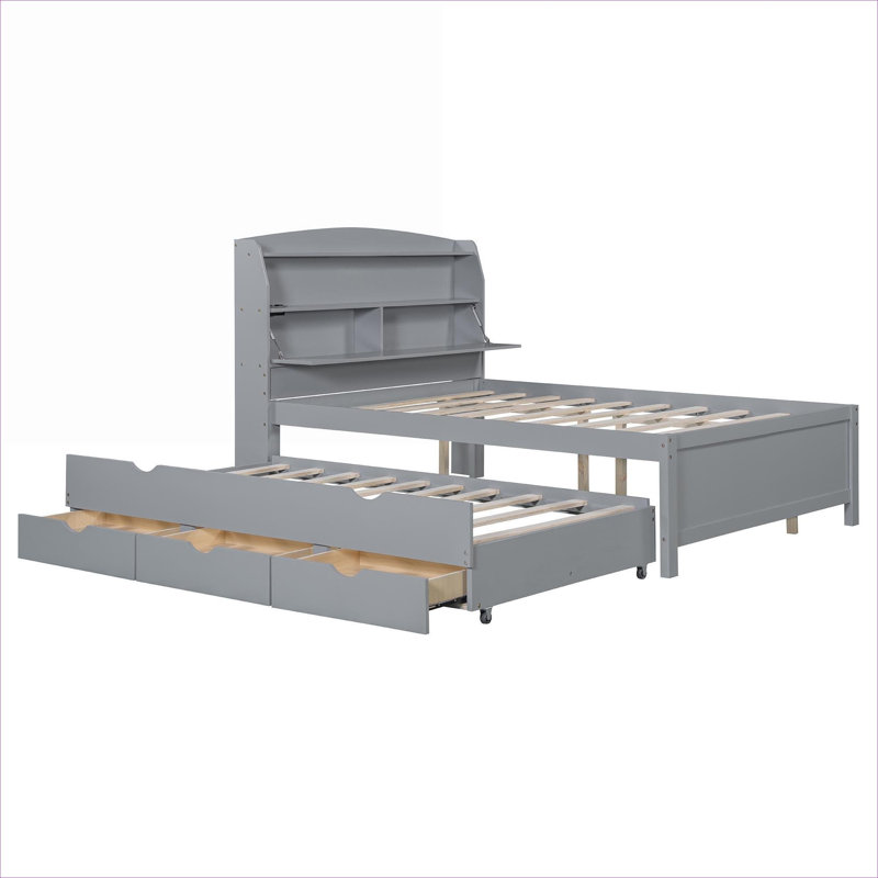 Wooden Full Size Platform Bed Upholstered Slate Gray with Built-in LED, Pull-Out Trundle and Storage Drawers