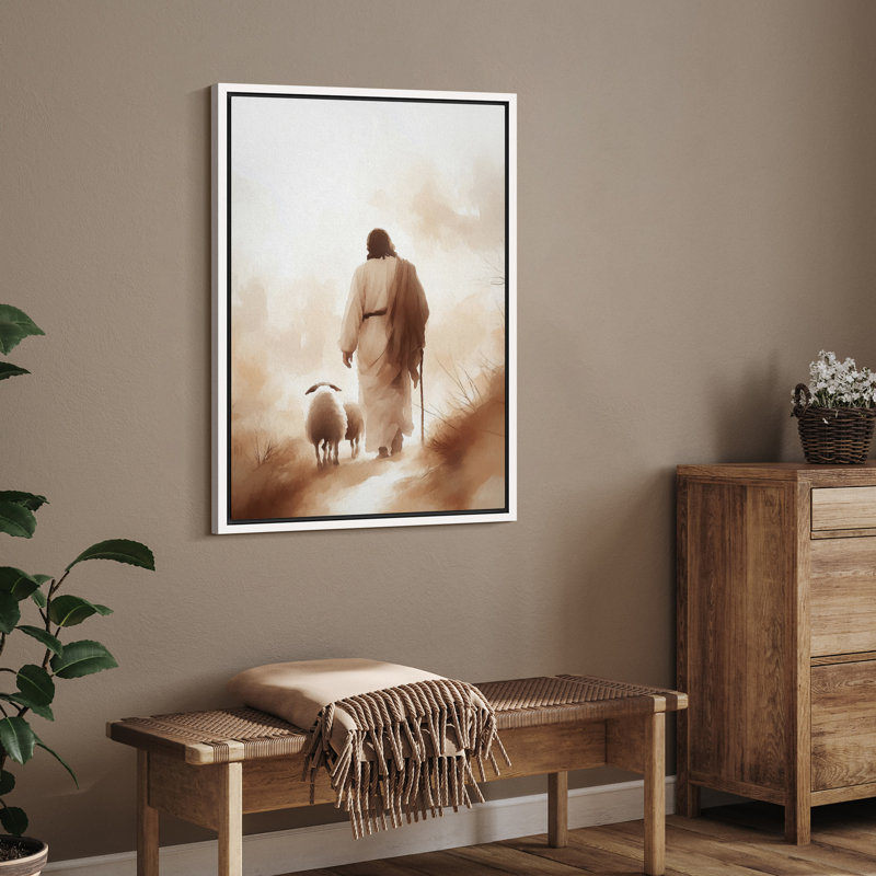 Impression sur toile «Jesus with Sheep», confession religieuse, H 24 po x l 16 po, Impression encadrée sans passe-partout