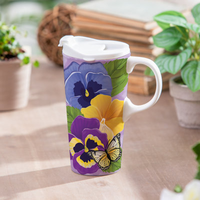 Butterfly and Pansies Ceramic Perfect Cup, 17oz, Gift Box