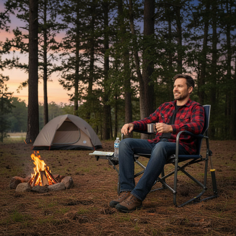 Outdoor Freestyle Rocker Camping Chair With Side Table, Portable Folding Rocking Chair With Sturdy Armrests, Drink Holder & Comfortable Backrest, Heathered Indigo
