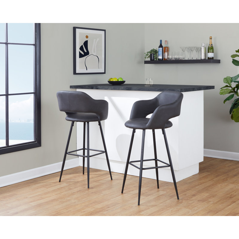 Set of 2 Gray Faux Leather Counter Stools with Black Metal Legs