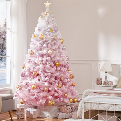 Pink Gradient Flocked Artificial Christmas Tree with Foldable Stand