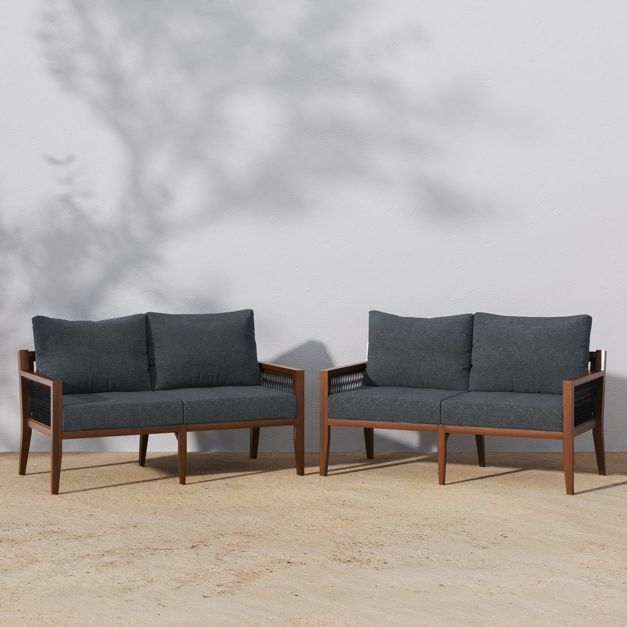 Parklawn 56" Wide Outdoor Loveseat with Cushions, Dark Brown Wood, Gray
