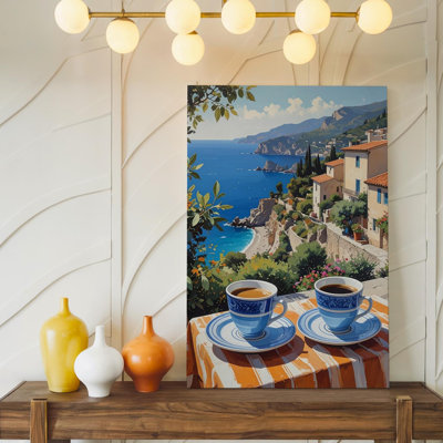 Paysage côtier méditerranéen Canvascresso, bord de mer, village et vue panoramique, art mural sur toile, prêt à accrocher