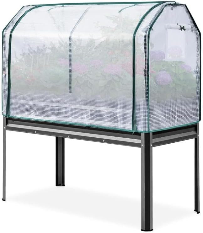 Black Painted Metal Raised Garden Bed with PE Mini Greenhouse – 120 x 60 x 140 cm, Includes Protective Cover – Suitable for Garden & Balcony
