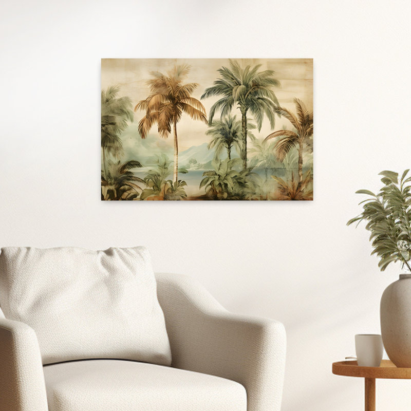 Palm Jungle Elegant Peaceful Retro Palm Tree Beach Landscape Wall Art Print 1 Piece Wrapped Canvas Wall Art