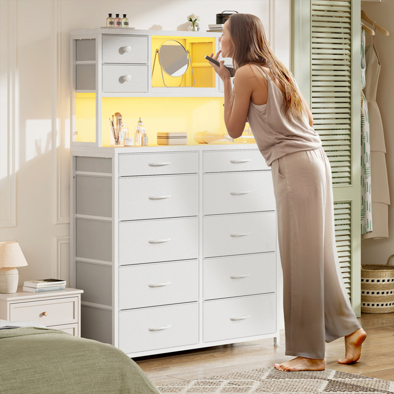Tall Dresser For Bedroom With 14 Drawers, 3 Open Shelves, Led Light And Power Outlet, White
