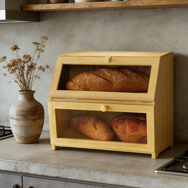 Bamboo Bread Box With Flat Top Design - 2-Tier Rustic Bread Storage Bin For Countertop, Saves Space While Storing Bread, Cakes, And Baked Goods