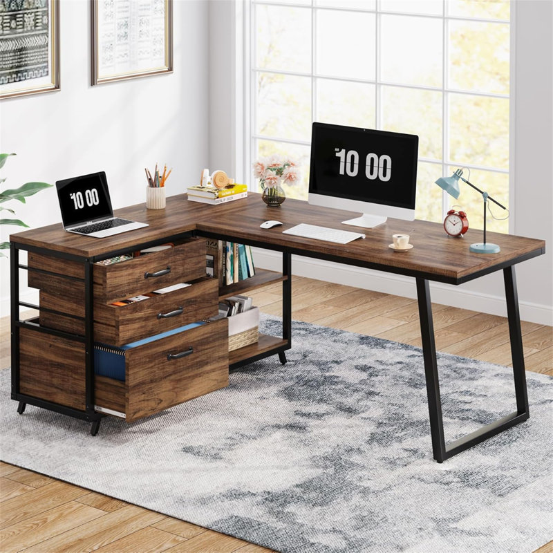 Bureau d'ordinateur en L réversible de 53 po avec 3 tiroirs et tablettes de rangement (sans la chaise)