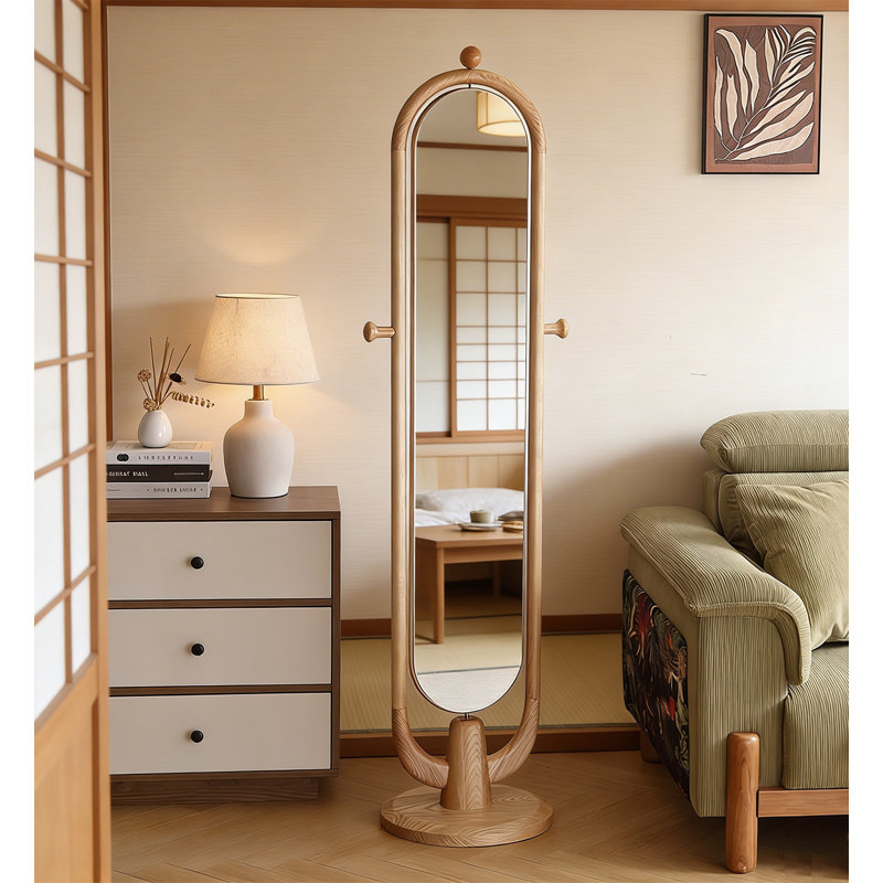 Mid-Century Solid Ash Wood Rotatable Full Length Mirror With Integrated Coat Rack, Oak Wood