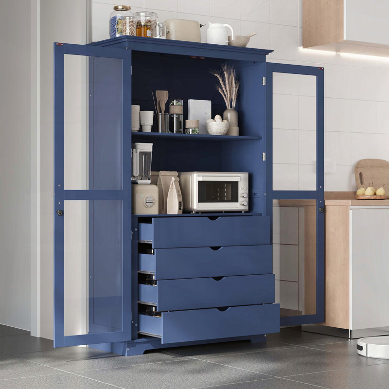 75 garde-manger avec portes en verre et 4 tiroirs, Bleu
