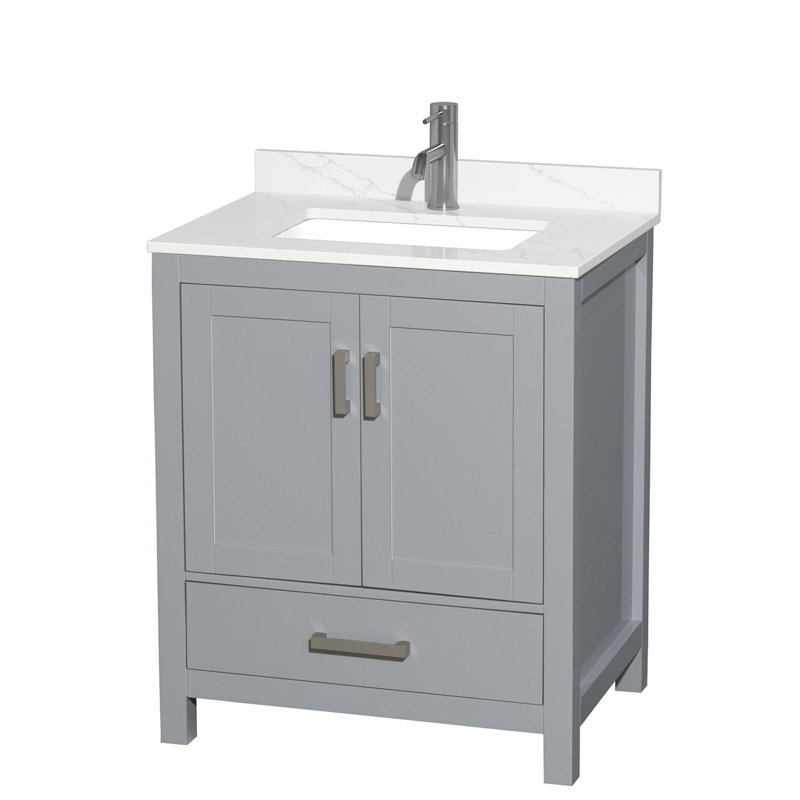 Meuble-lavabo simple autoportant 30 po avec plateau en quartz Sheffield, Chrome, Gris, Quartz Giotto