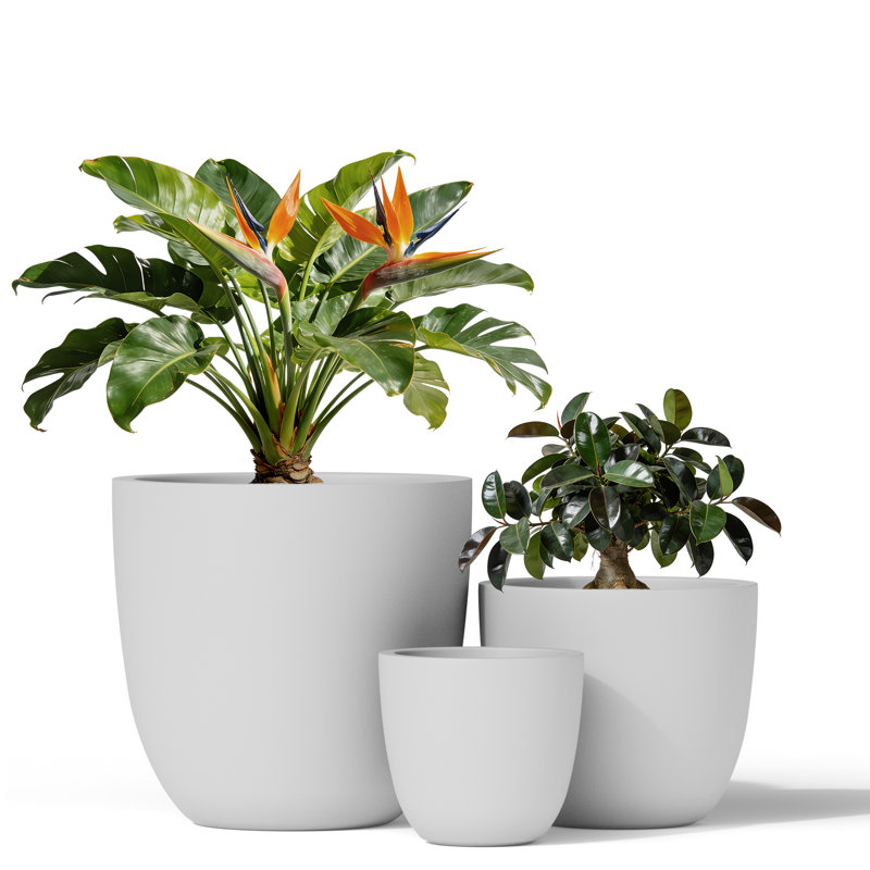 3-Piece Round Concrete Indoor/Outdoor Pot Planter Set , Pure White, 18.5" H x 20" W x 20" W