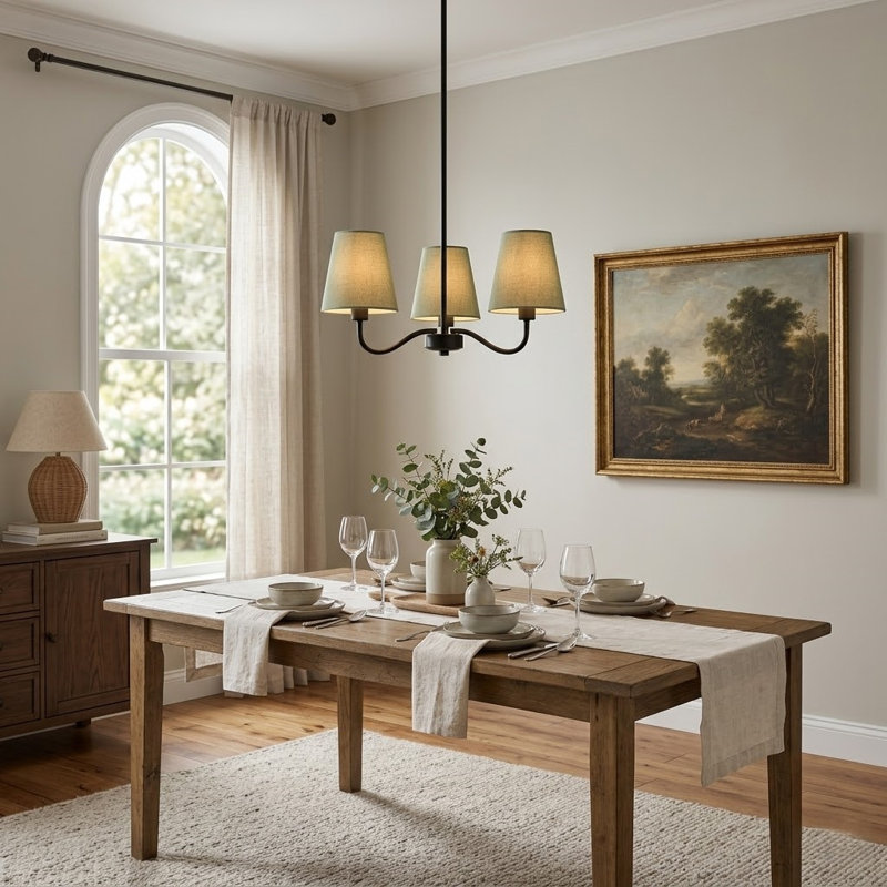 Lustre moderne en laiton poli à 3 lumières de 21 po avec abat-jour en lin pour salle à manger ou îlot de cuisine, Vert