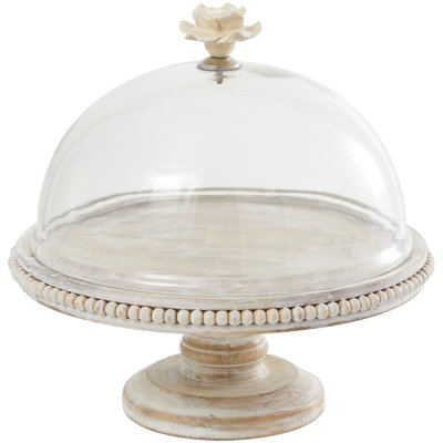 Mango Wood Decorative Cream Cake Stand with Glass Dome
