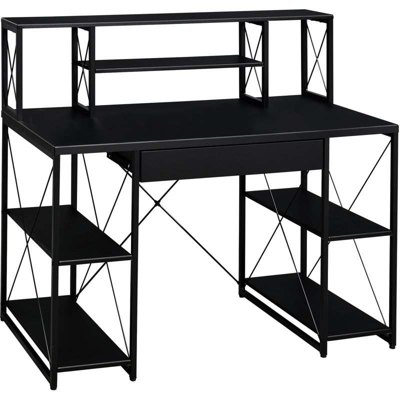 Bureau en noir avec tablettes ouvertes et rangement spacieux pour utilisation à 1 tiroir et 8 compartiments, Noir