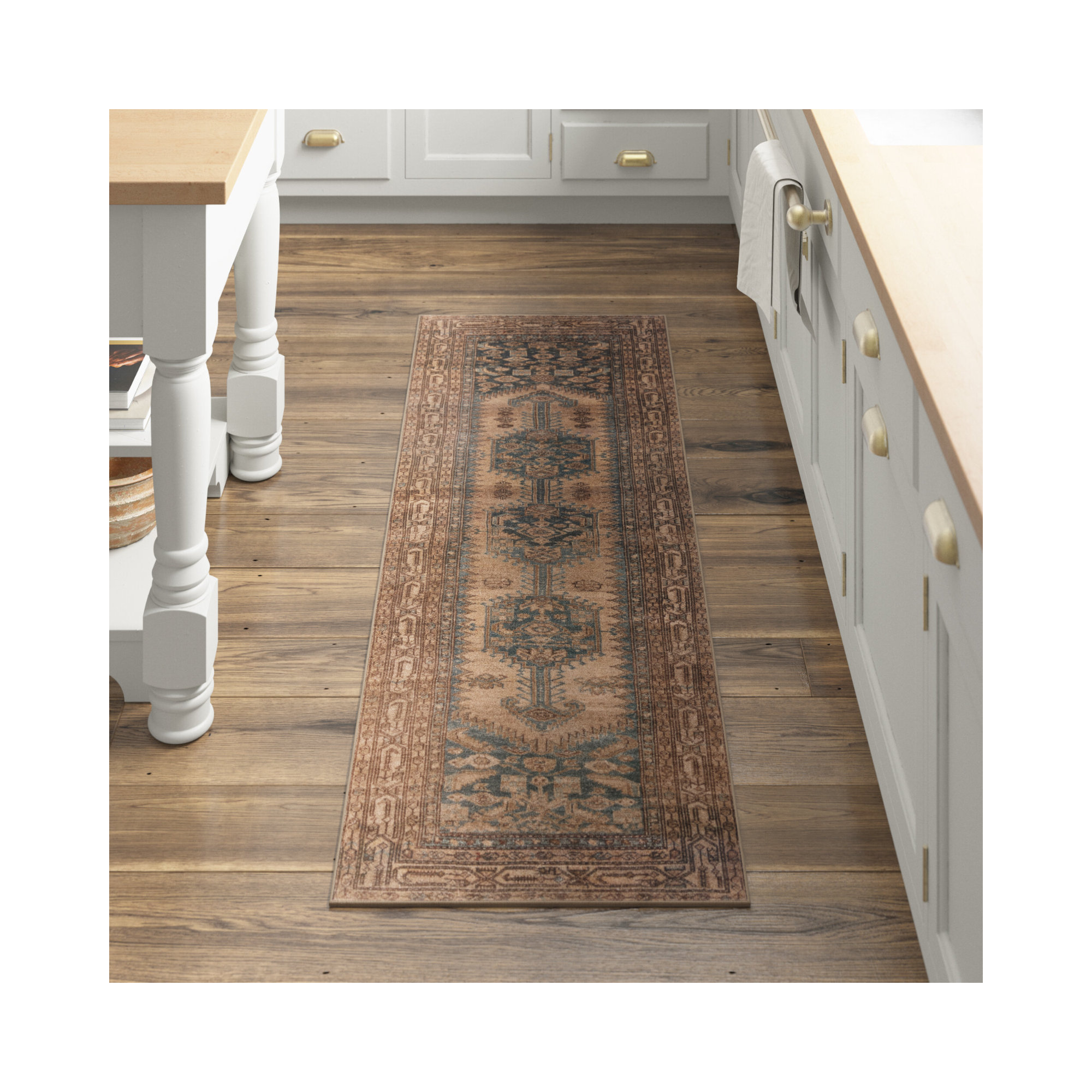 Blue/Brown/Tan Rug, Runner 2' x 6'