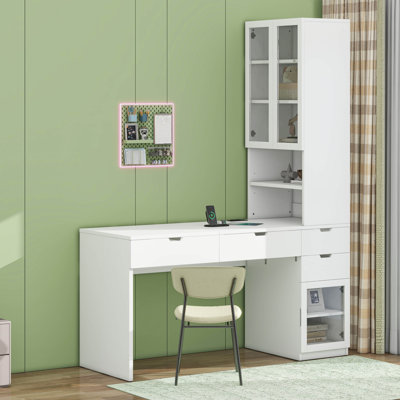 Bureau de coiffeuse polyvalent avec miroir et station de charge, coiffeuse avec 8 compartiments de rangement cachés, bureau d'ordinateur avec 3 tiroirs, 2 armoires et tablettes ouvertes