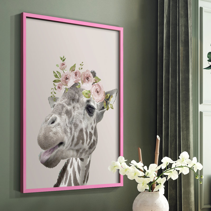 «Peek A Boo Giraffe I», reproduction encadrée - bois massif, Cadre photo rose simple, H 10 po x l 8 po