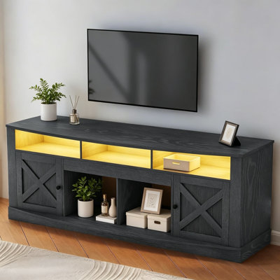 Meuble télé pour téléviseur de 75/80 po, centre de divertissement noir de 70 po de large avec prise de courant et ports USB, console multimédia avec bureau incurvé pour le salon