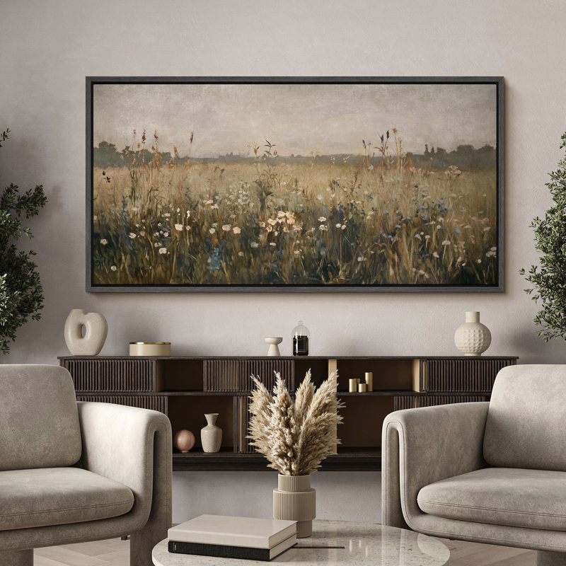 Art mural sur toile, "Mute Meadow Wildflower" - Scène de nature rustique pour vestibule ou bureau, Noir, H 30 po x l 60 po